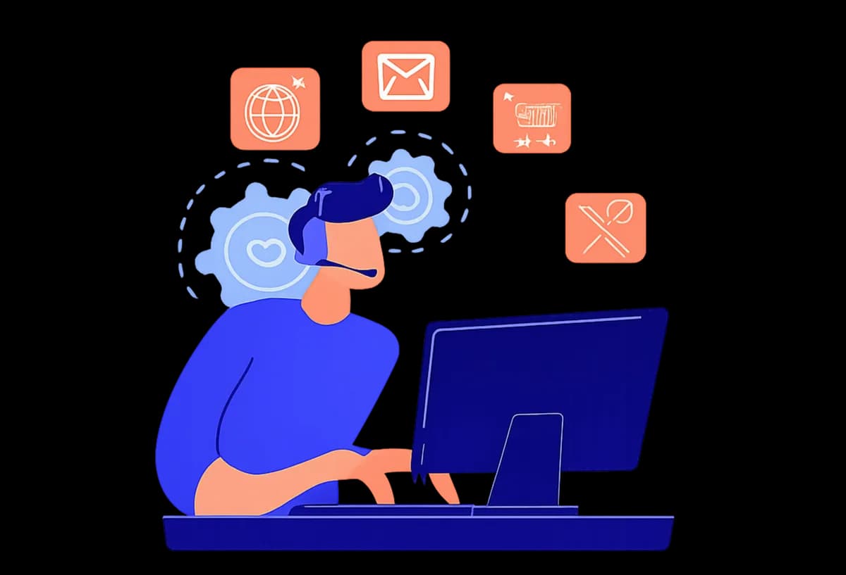 Illustration of a support specialist helping with a digital enquiry