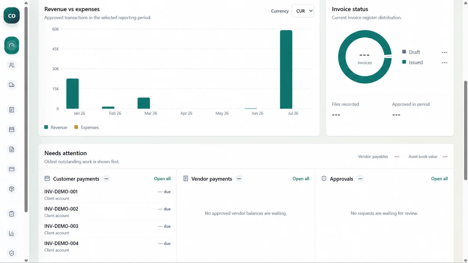 Cargo operations dashboard showing revenue, invoice status, payments, and approvals with sanitized demo data