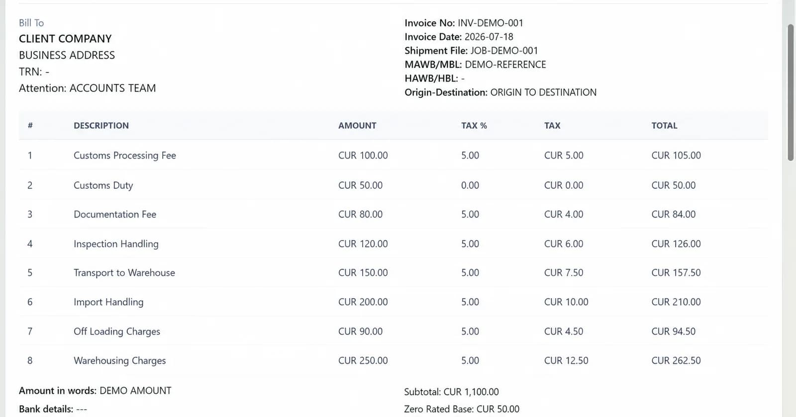 Generated cargo services invoice with sanitized demo customer and financial data