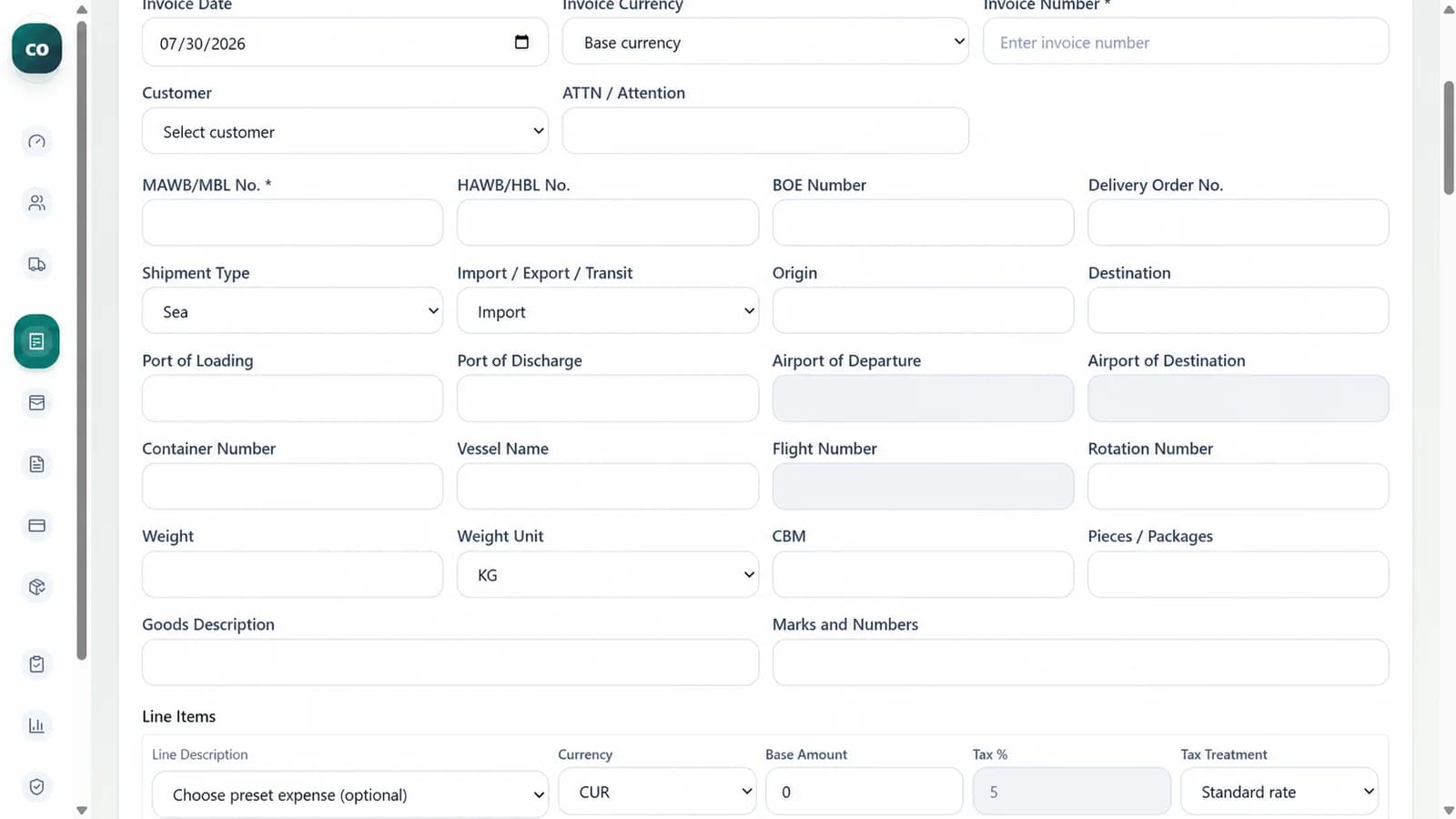 Cargo shipment and invoice entry form with sanitized demo data
