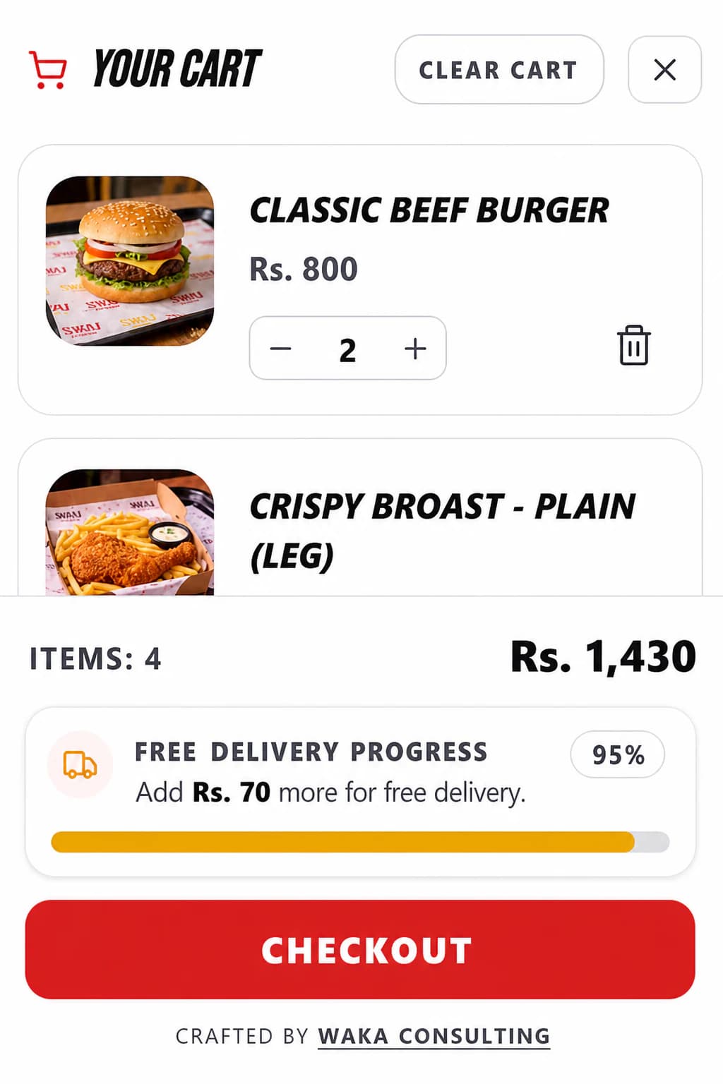 Mobile restaurant cart showing item quantities, order total, free-delivery progress, and checkout