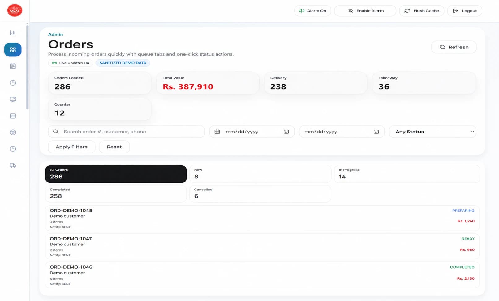 Sanitized restaurant order dashboard showing live totals, filters, order queues, and fulfilment statuses