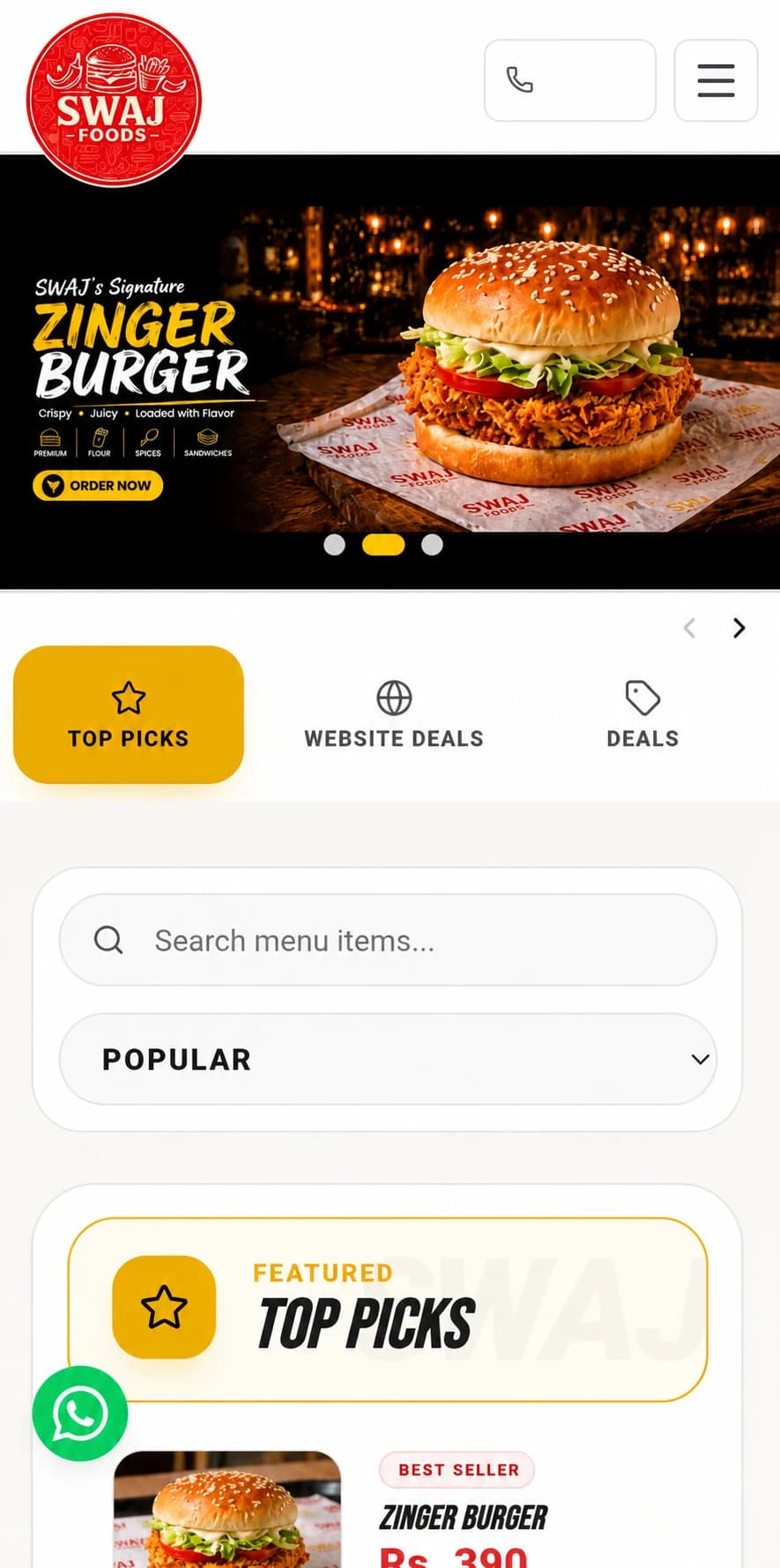 Swaj Foods branded mobile ordering storefront with promotional banner, ordering categories, menu search, and featured products